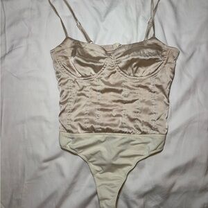 Missguided Cream Satin Like Bodysuit, Ivory, Size 0, Retro, 90s, Coquette